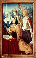 Ms lat 9474 f.3v Anne von Bretagne mit St. Anne, St. Ursula und St. Helena, Miniatur aus den Grandes Heures von Anne von Bretagne, ca. 1503-8